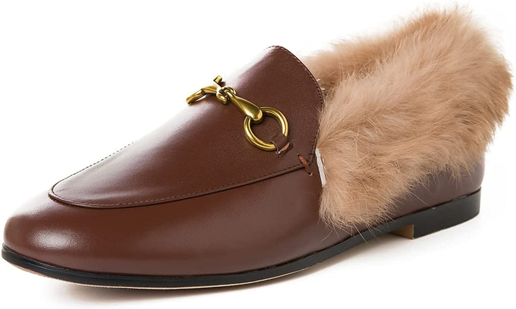 Vertundy Fur Women's Loafers Flats Leather Pointed Toe Work Slip On Mules