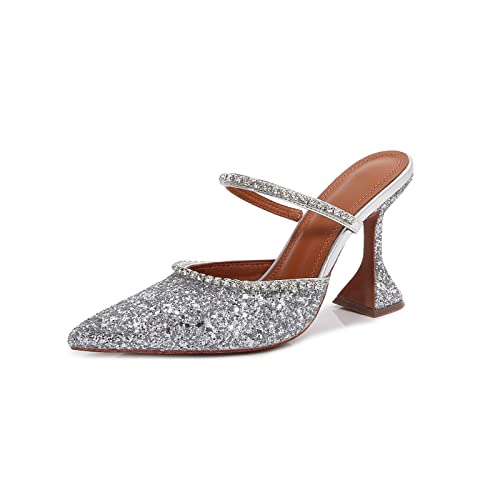 Women's Mule Heels Rhinestones Strappy Stiletto Slide Pumps Slip On Sexy High Heels Sandals Closed Pointed Toe Backless Dressy Wedding Party Summer Shoes