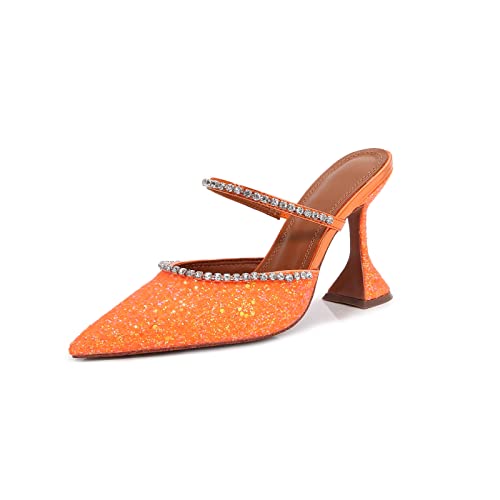 Women's Mule Heels Rhinestones Strappy Stiletto Slide Pumps Slip On Sexy High Heels Sandals Closed Pointed Toe Backless Dressy Wedding Party Summer Shoes