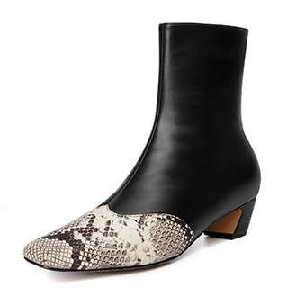 Vertundy Women's Ankle Boots Square Toe Booties Low Kitten Block Chunky Heel Snakeskin Patchwork Leather Chelsea Boots