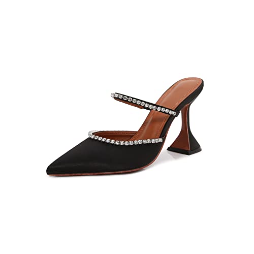 Women's Mule Heels Rhinestones Strappy Stiletto Slide Pumps Slip On Sexy High Heels Sandals Closed Pointed Toe Backless Dressy Wedding Party Summer Shoes