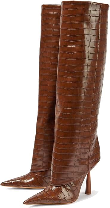 Vertundy Women's Fold Over Boots - Pointed Toe Stiletto Heel Slip On Knee High Boot Fashion Sexy Dress Boot