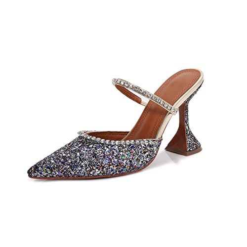 Women's Mule Heels Rhinestones Strappy Stiletto Slide Pumps Slip On Sexy High Heels Sandals Closed Pointed Toe Backless Dressy Wedding Party Summer Shoes