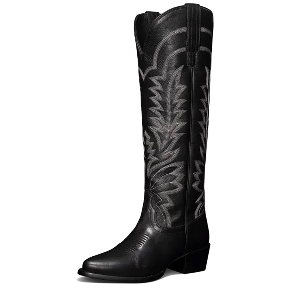 Vertundy Knee High Cowboy Boots For Women Pointed Toe Cowgirl Low Chunky Heel Western Boots