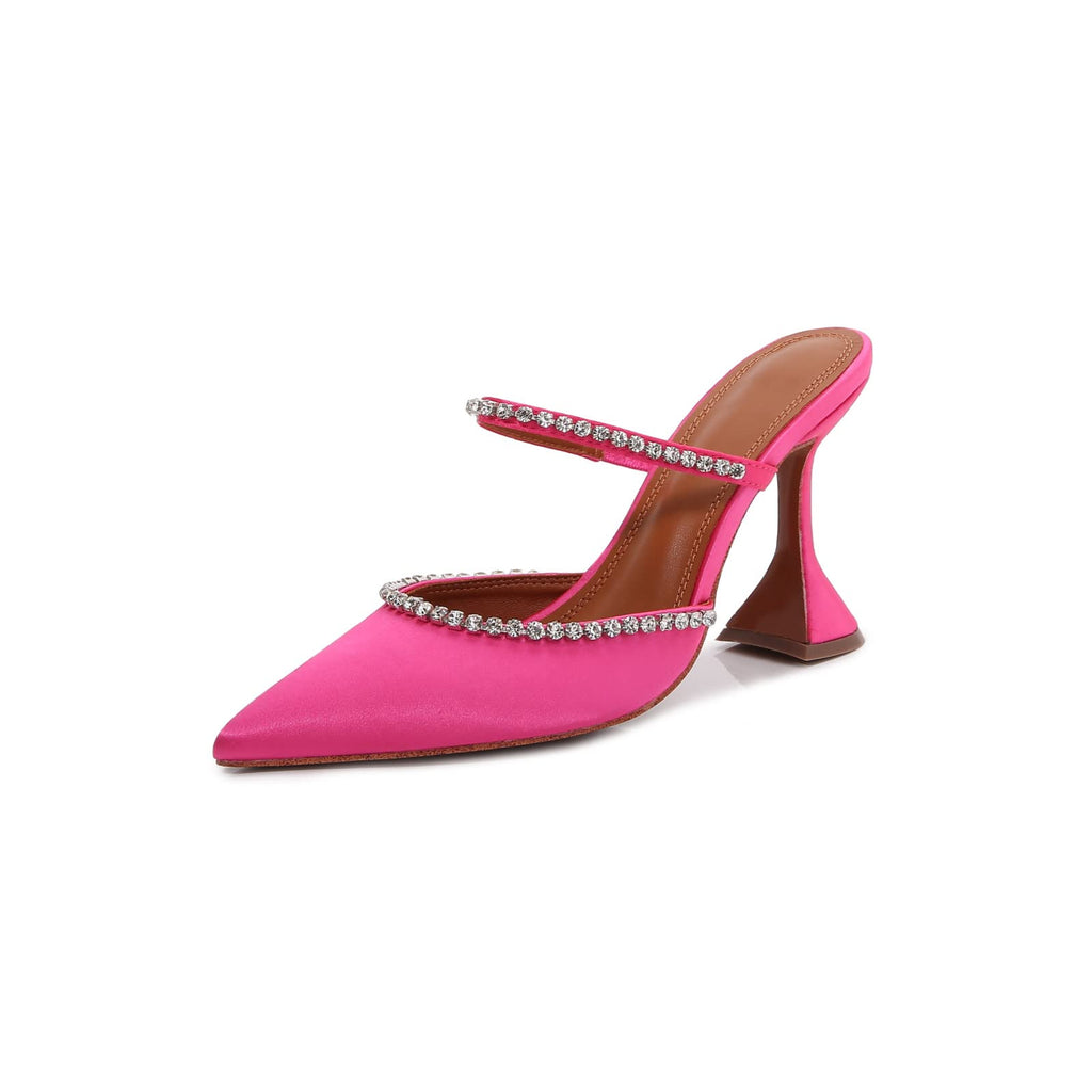 Women's Mule Heels Rhinestones Strappy Stiletto Slide Pumps Slip On Sexy High Heels Sandals Closed Pointed Toe Backless Dressy Wedding Party Summer Shoes