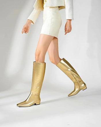 Beauty Cry Square Toe Flat Knee High Boots for Women Chunky Low Heel Riding Boots With Side Zipper