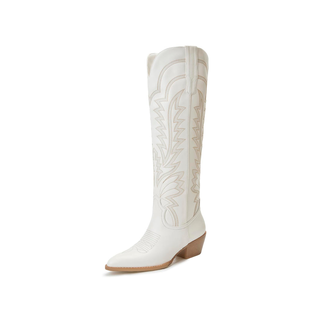 Vertundy Knee High Cowboy Boots For Women Pointed Toe Cowgirl Low Chunky Heel Western Boots