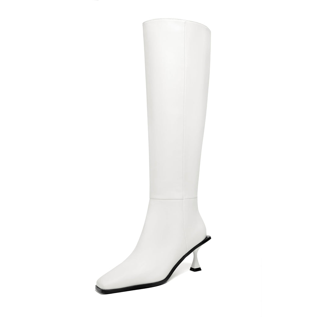 Vertundy Womens Kitten Heel Boots Square Toe Low Heel Leather Knee High Boots