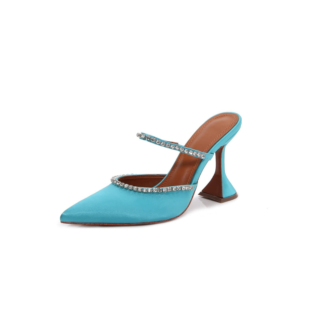 Women's Mule Heels Rhinestones Strappy Stiletto Slide Pumps Slip On Sexy High Heels Sandals Closed Pointed Toe Backless Dressy Wedding Party Summer Shoes