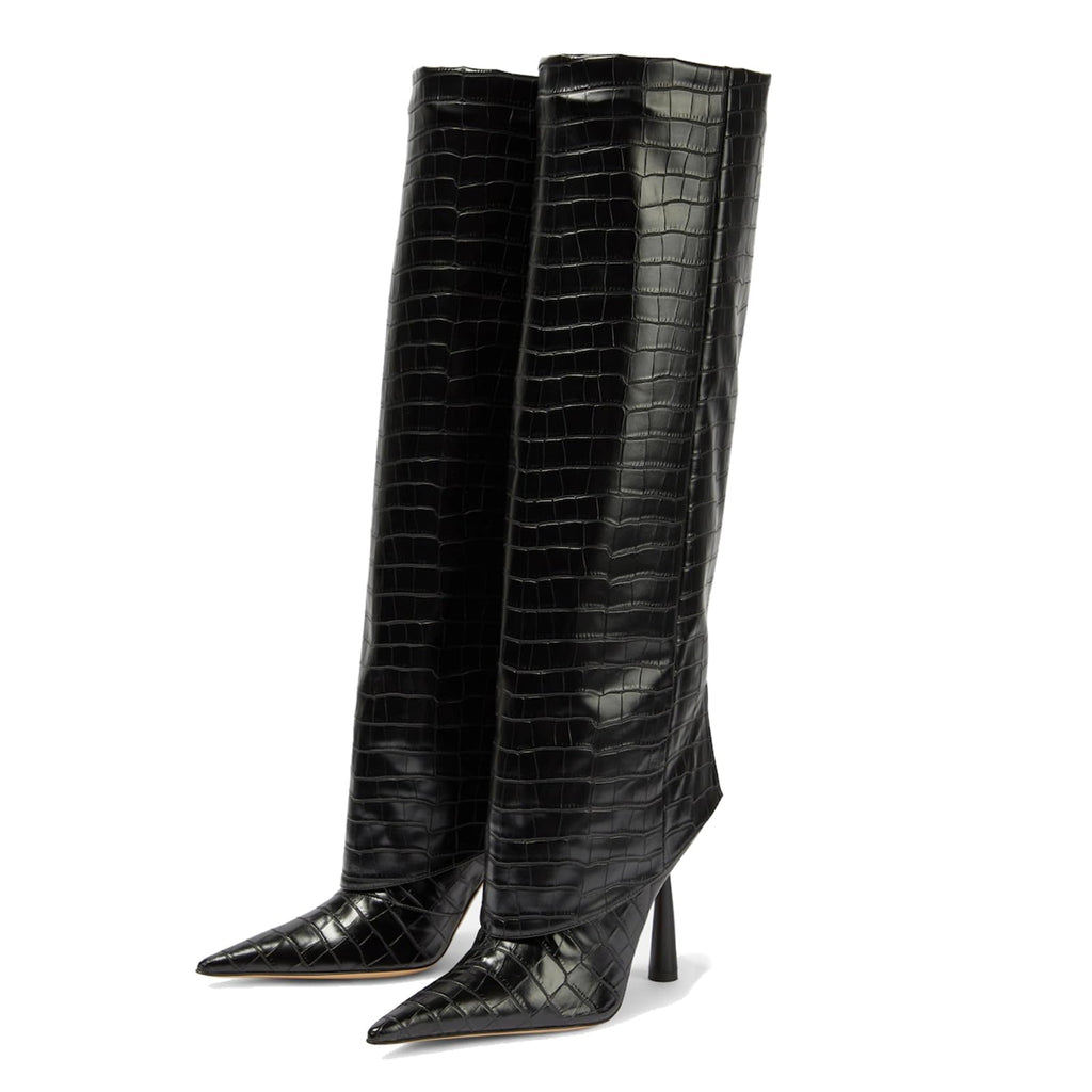 Vertundy Women's Fold Over Boots - Pointed Toe Stiletto Heel Slip On Knee High Boot Fashion Sexy Dress Boot