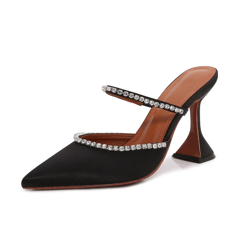 Women's Mule Heels Rhinestones Strappy Stiletto Slide Pumps Slip On Sexy High Heels Sandals Closed Pointed Toe Backless Dressy Wedding Party Summer Shoes