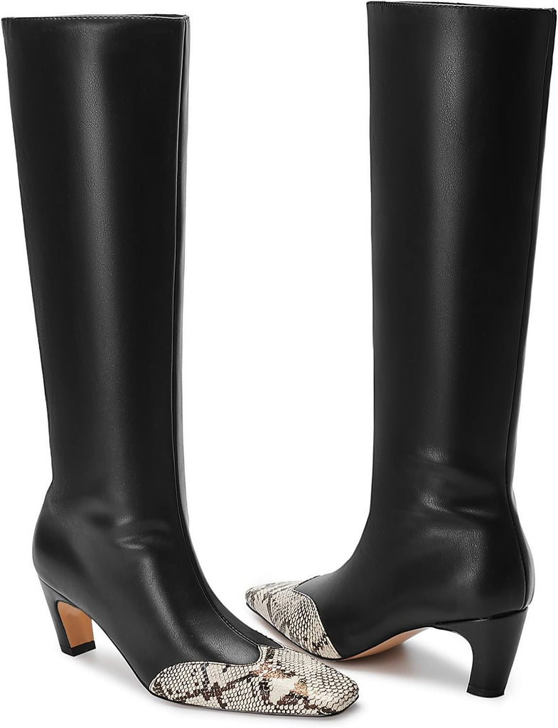 Beauty Cry Snakeskin Knee High Boots for Women Kitten Heel Tall Boots Square Toe Fashion Sexy Boots