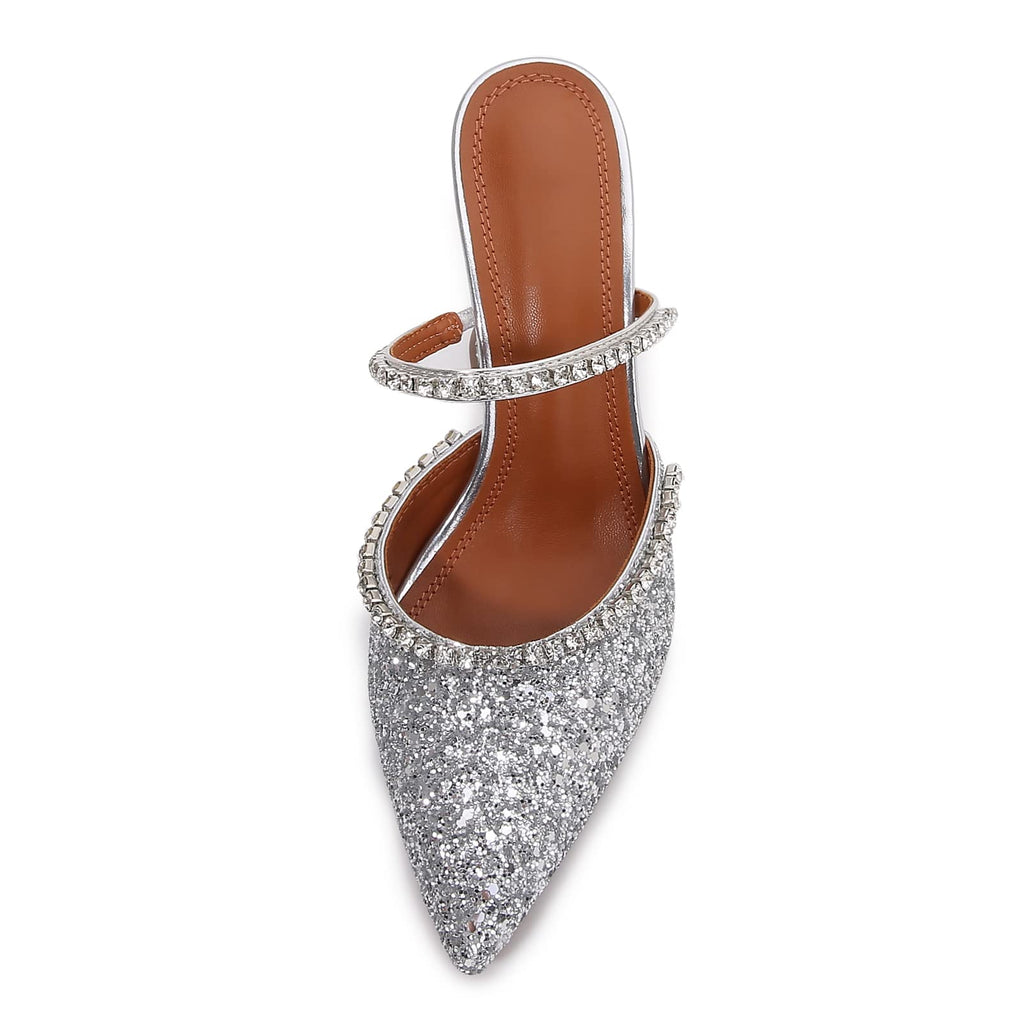 Women's Mule Heels Rhinestones Strappy Stiletto Slide Pumps Slip On Sexy High Heels Sandals Closed Pointed Toe Backless Dressy Wedding Party Summer Shoes