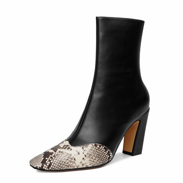 Vertundy Women's Ankle Boots Square Toe Booties High Block Chunky Heel Snakeskin Patchwork Leather Chelsea Boots