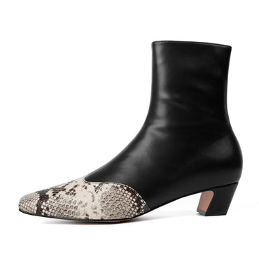 Vertundy Women's Ankle Boots Square Toe Booties Low Kitten Block Chunky Heel Snakeskin Patchwork Leather Chelsea Boots