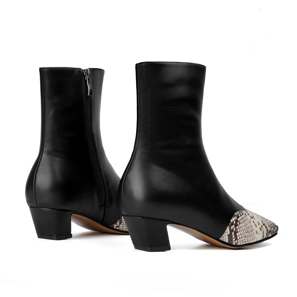 Vertundy Women's Ankle Boots Square Toe Booties Low Kitten Block Chunky Heel Snakeskin Patchwork Leather Chelsea Boots