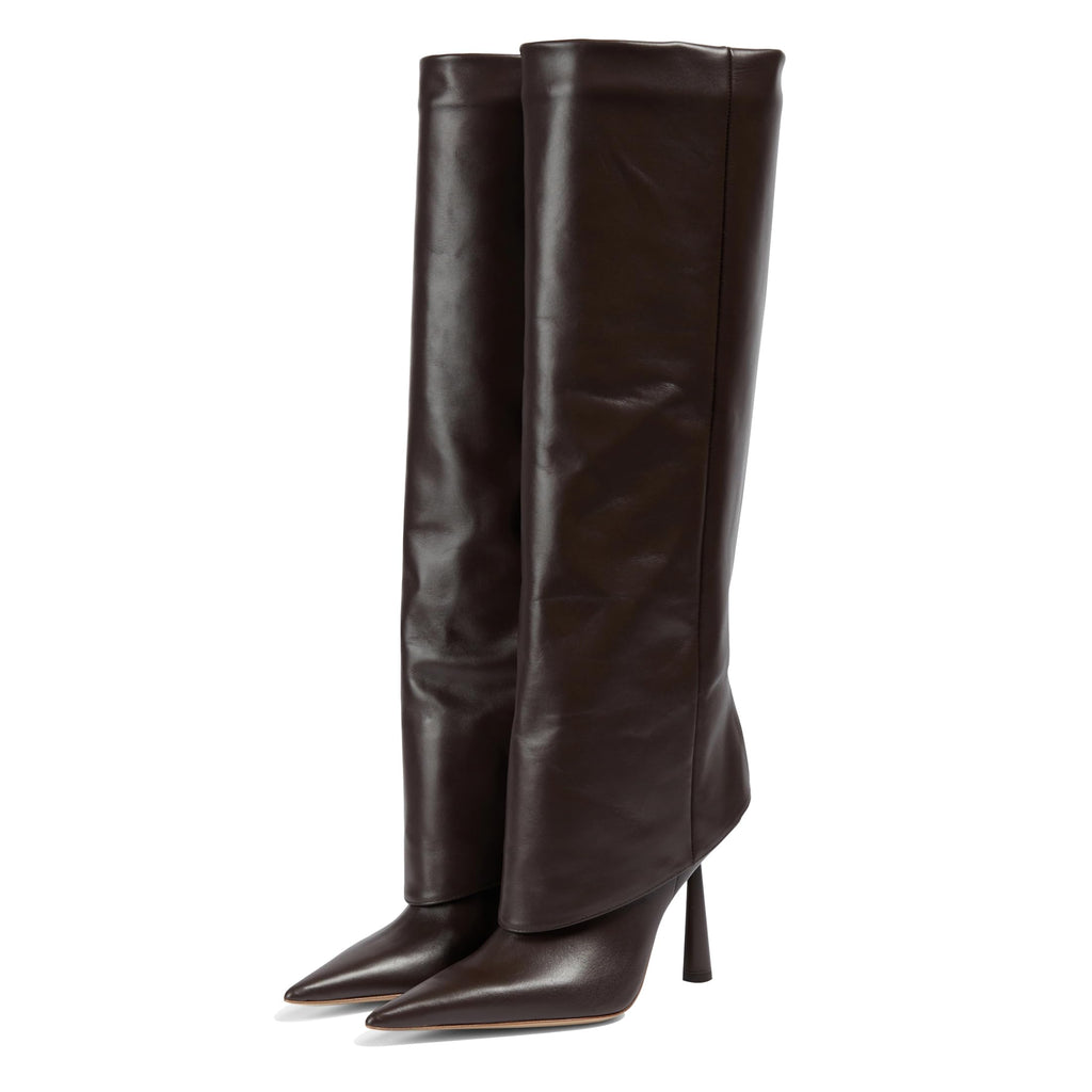 Vertundy Women's Fold Over Boots - Pointed Toe Stiletto Heel Slip On Knee High Boot Fashion Sexy Dress Boot
