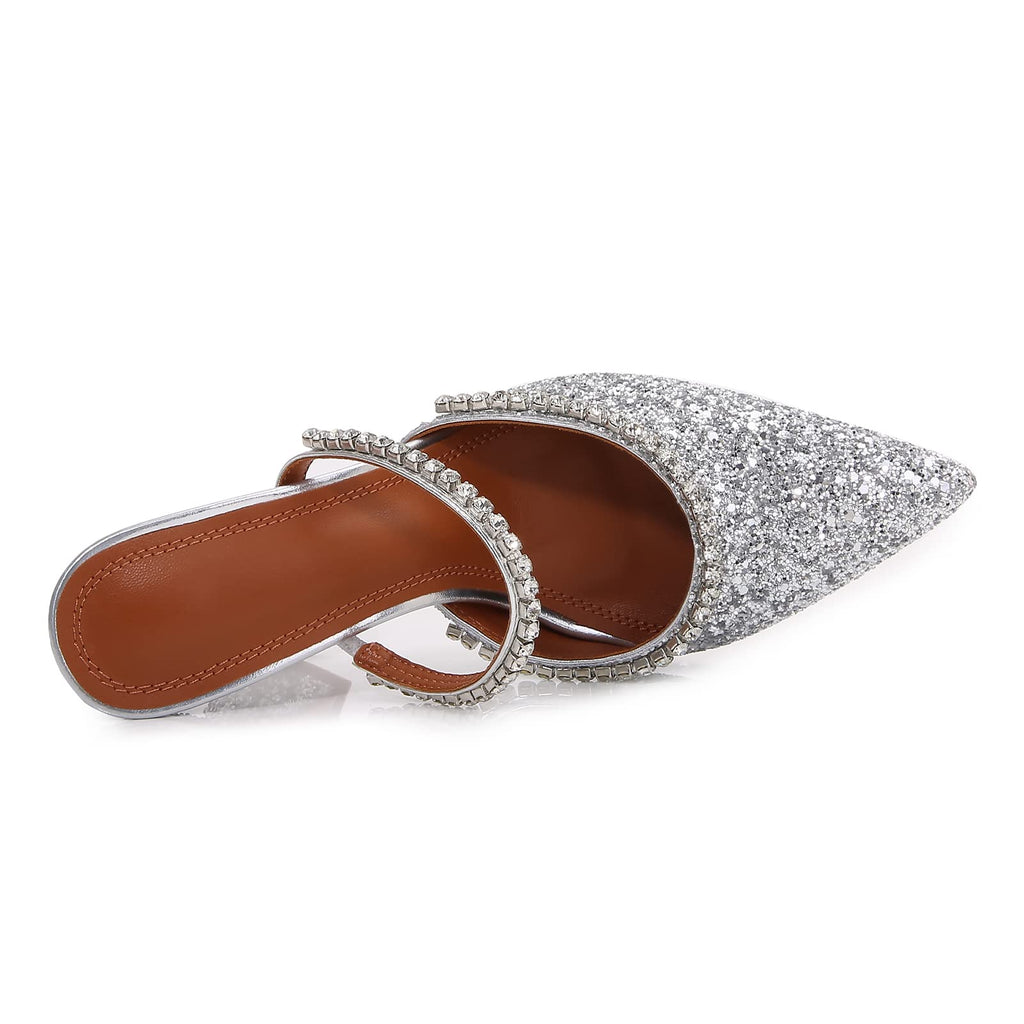 Women's Mule Heels Rhinestones Strappy Stiletto Slide Pumps Slip On Sexy High Heels Sandals Closed Pointed Toe Backless Dressy Wedding Party Summer Shoes