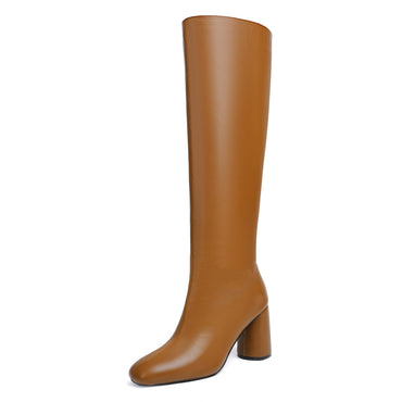 Vertundy Chunky Heel Long Boots For Women Square Toe Leather Knee High Tall Boots