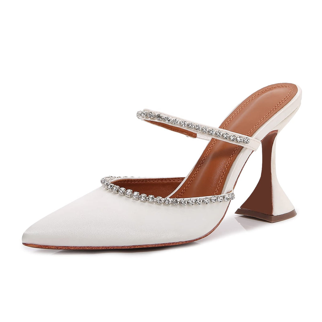 Women's Mule Heels Rhinestones Strappy Stiletto Slide Pumps Slip On Sexy High Heels Sandals Closed Pointed Toe Backless Dressy Wedding Party Summer Shoes
