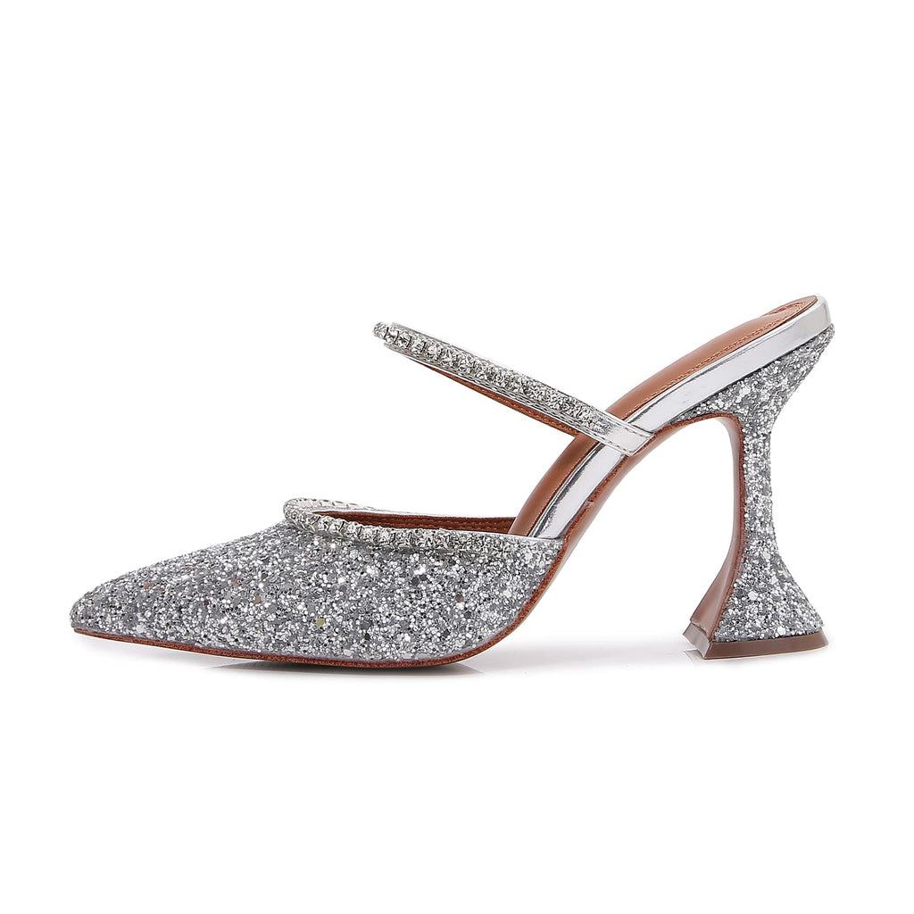 Women's Mule Heels Rhinestones Strappy Stiletto Slide Pumps Slip On Sexy High Heels Sandals Closed Pointed Toe Backless Dressy Wedding Party Summer Shoes