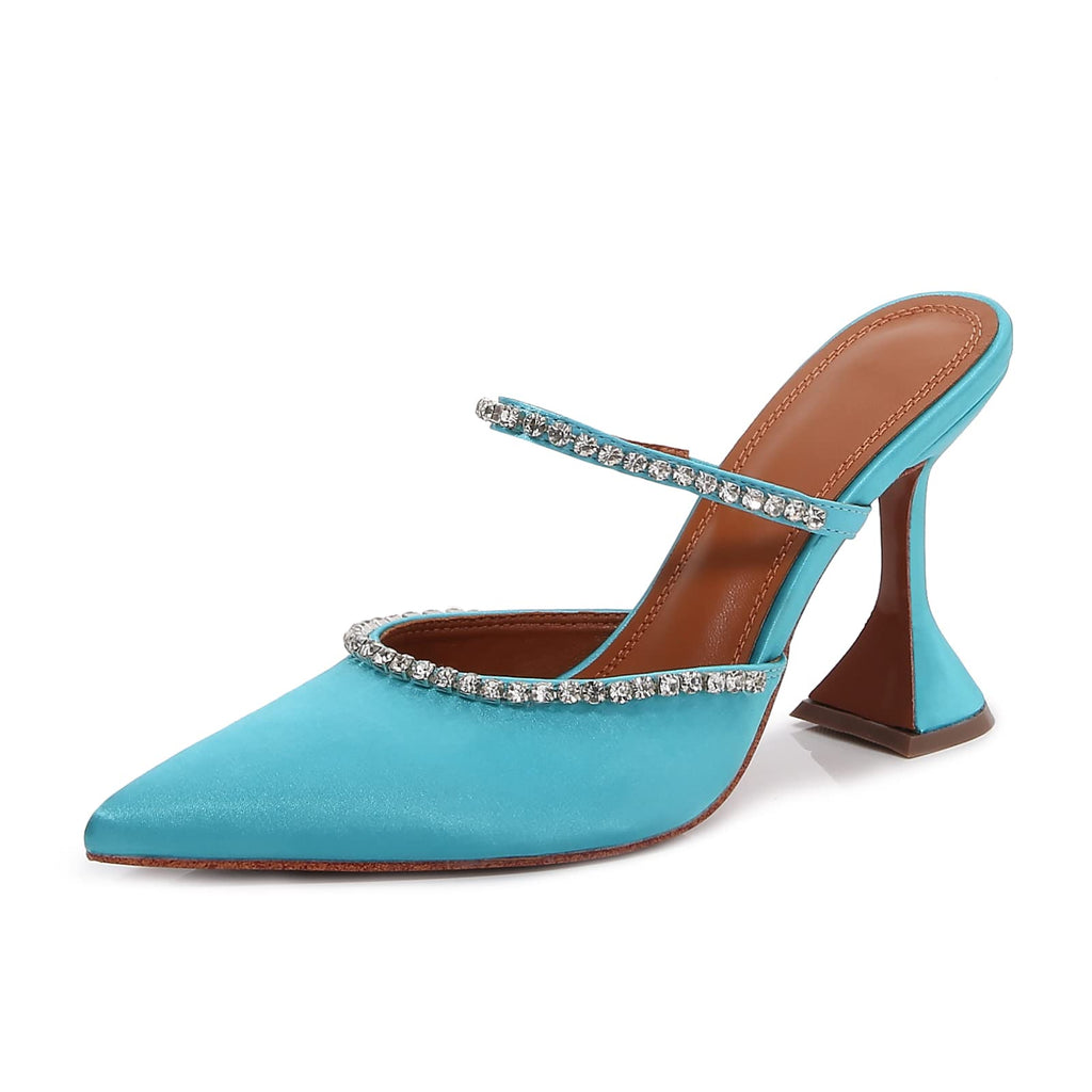 Women's Mule Heels Rhinestones Strappy Stiletto Slide Pumps Slip On Sexy High Heels Sandals Closed Pointed Toe Backless Dressy Wedding Party Summer Shoes