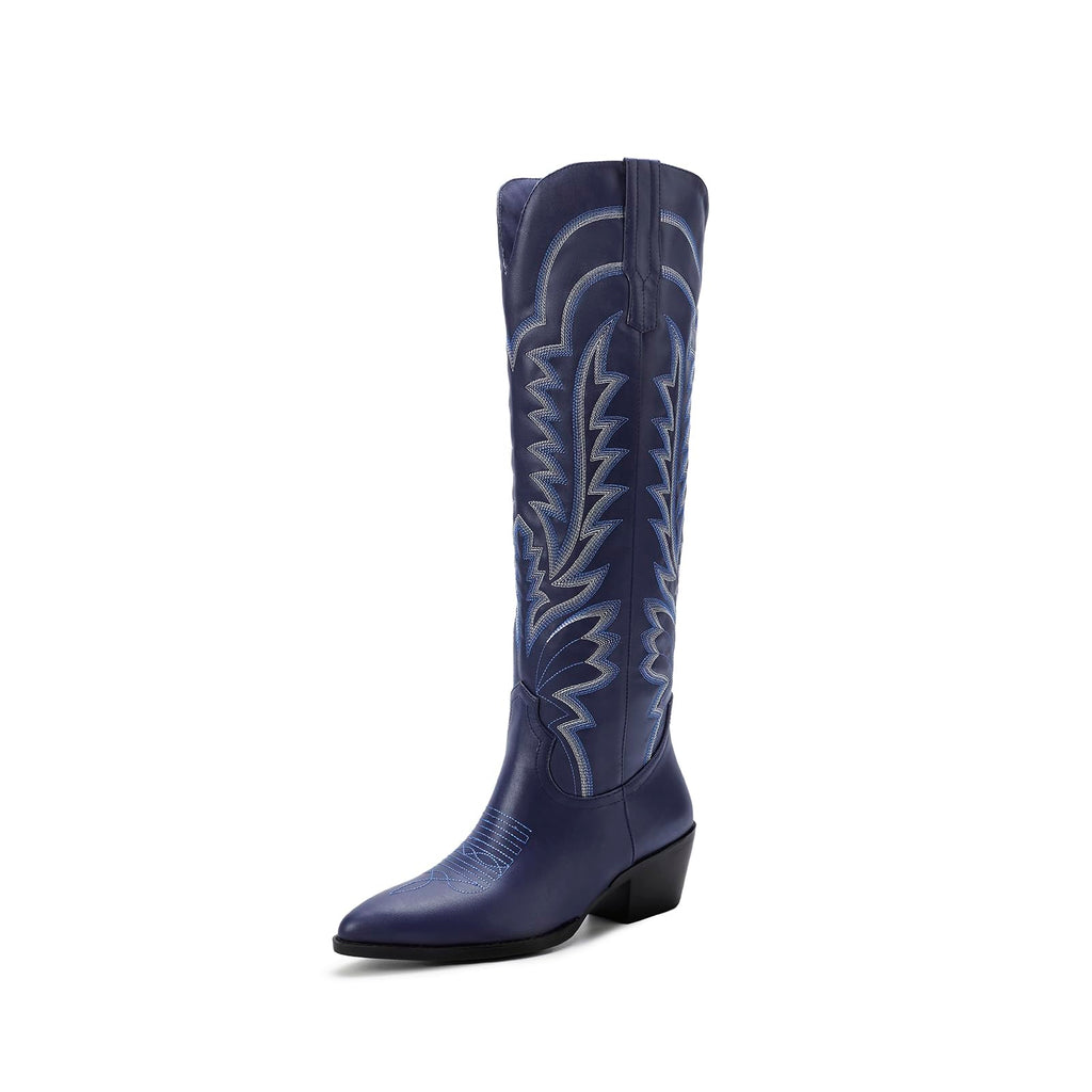 Vertundy Knee High Cowboy Boots For Women Pointed Toe Cowgirl Low Chunky Heel Western Boots