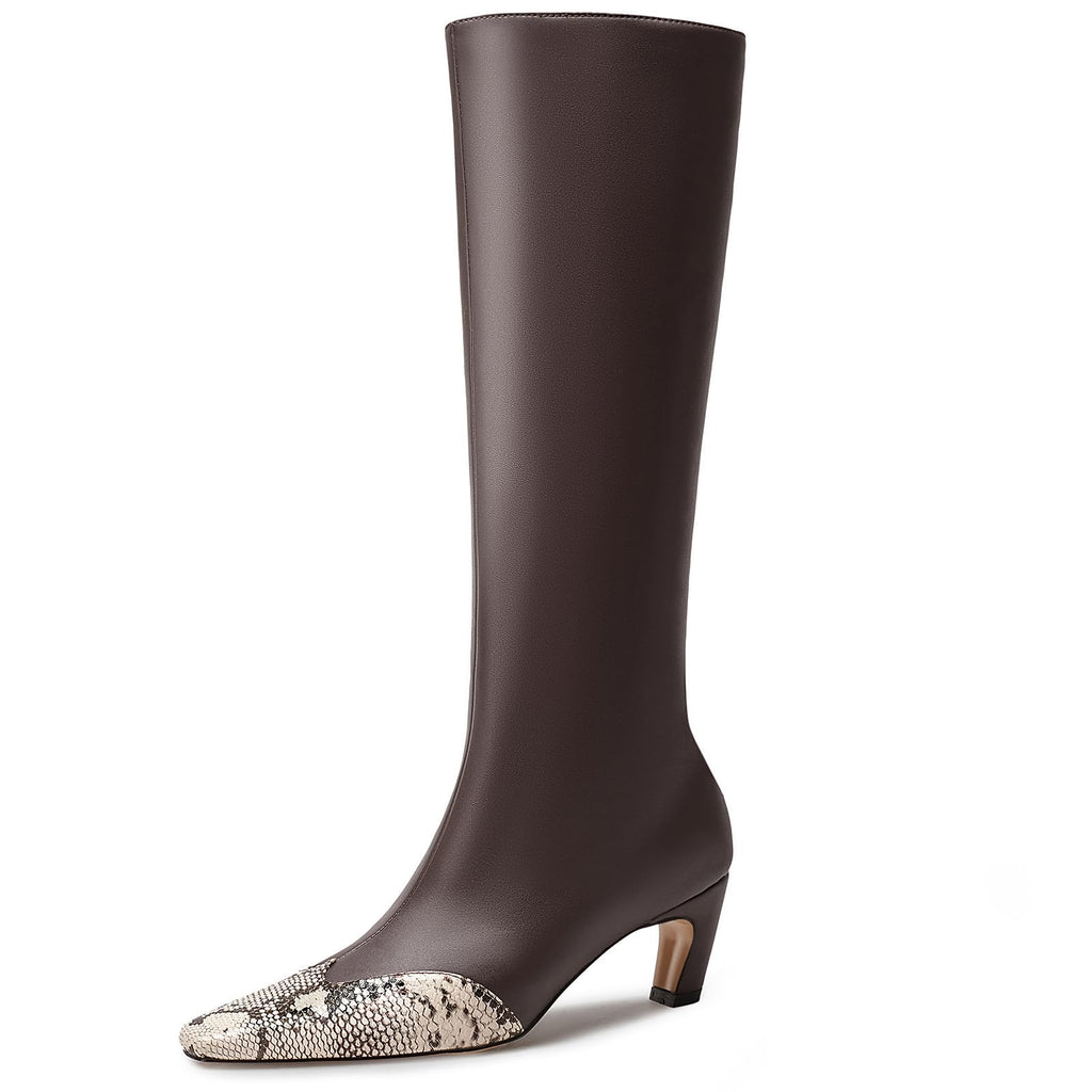 Beauty Cry Snakeskin Knee High Boots for Women Kitten Heel Tall Boots Square Toe Fashion Sexy Boots