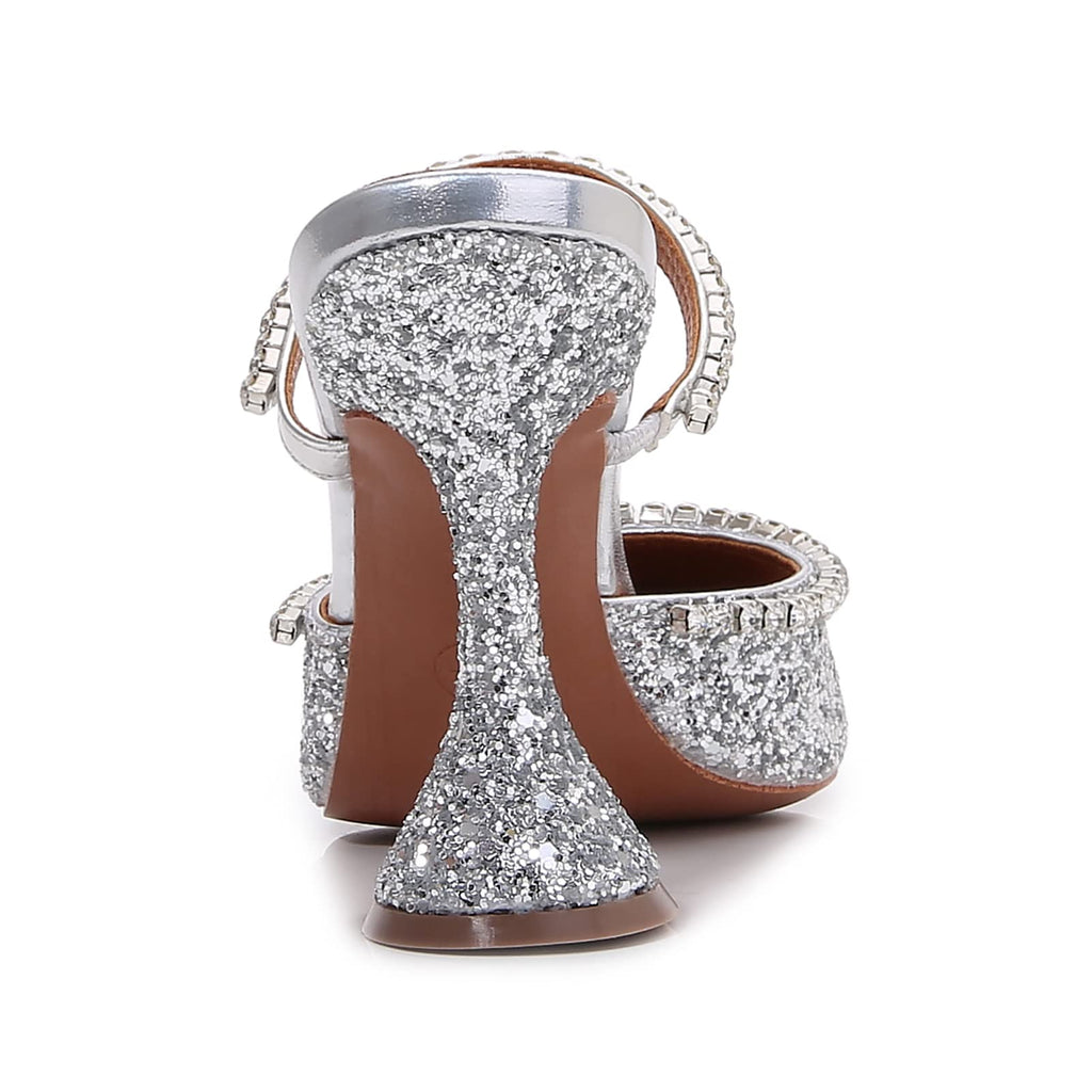 Women's Mule Heels Rhinestones Strappy Stiletto Slide Pumps Slip On Sexy High Heels Sandals Closed Pointed Toe Backless Dressy Wedding Party Summer Shoes