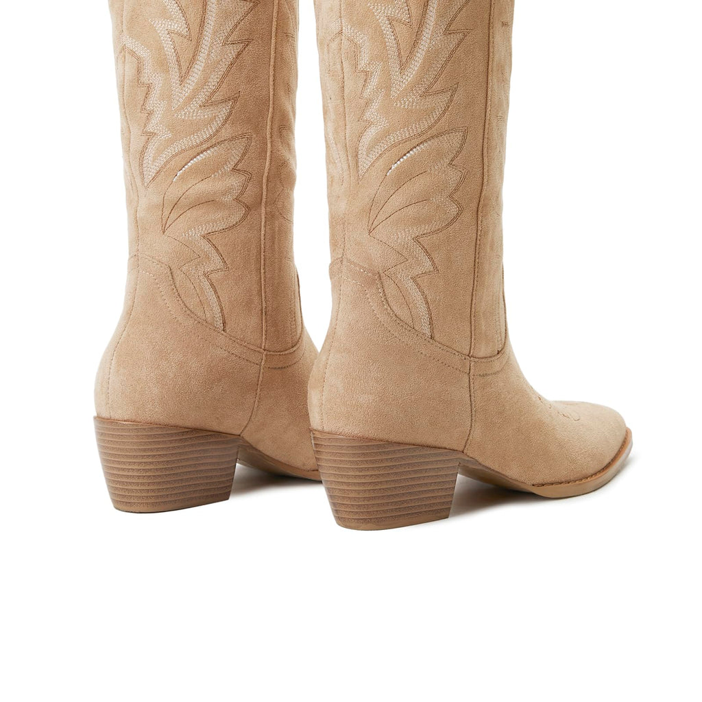Vertundy Knee High Cowboy Boots For Women Pointed Toe Cowgirl Low Chunky Heel Western Boots