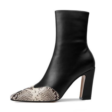 Vertundy Women's Ankle Boots Square Toe Booties High Block Chunky Heel Snakeskin Patchwork Leather Chelsea Boots