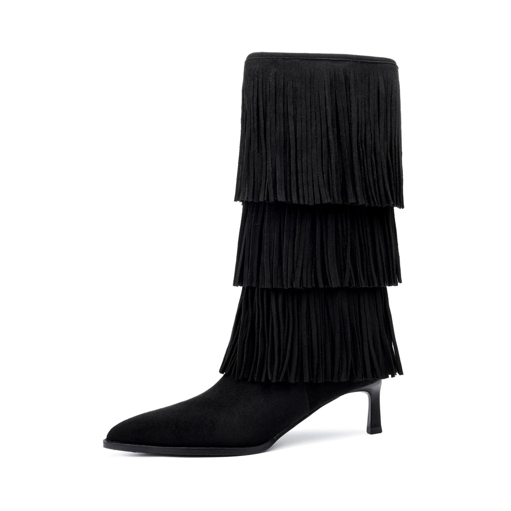 Vertundy Women's Fringe Boots Kitten Heel Pointed Toe Mid Calf Boots Tassels Design Fashion Suede Heeled Shoes