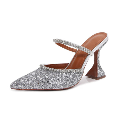 Women's Mule Heels Rhinestones Strappy Stiletto Slide Pumps Slip On Sexy High Heels Sandals Closed Pointed Toe Backless Dressy Wedding Party Summer Shoes