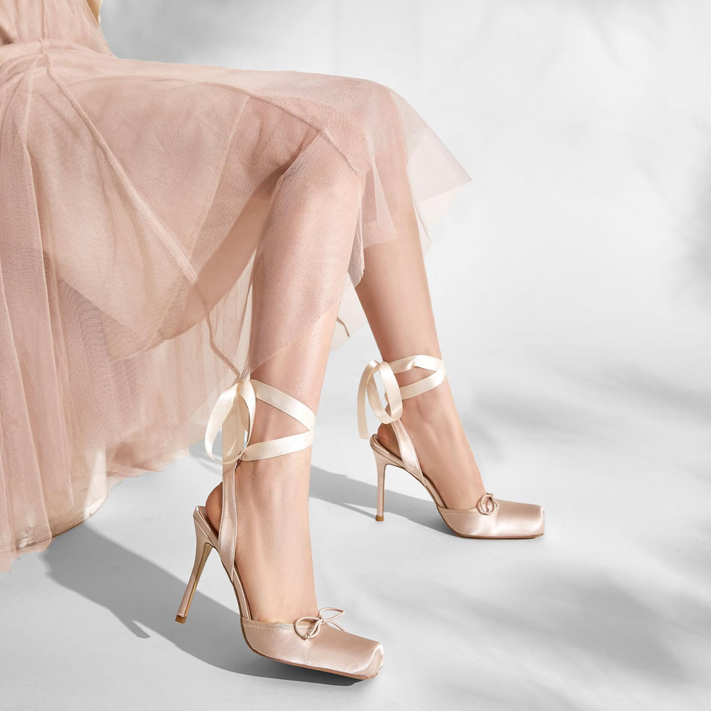 Vertundy Women's Satin Ballet Heels Lace Up Square Toe Stiletto High Bow Ballerina Heels