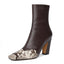 Vertundy Women's Ankle Boots Square Toe Booties High Block Chunky Heel Snakeskin Patchwork Leather Chelsea Boots