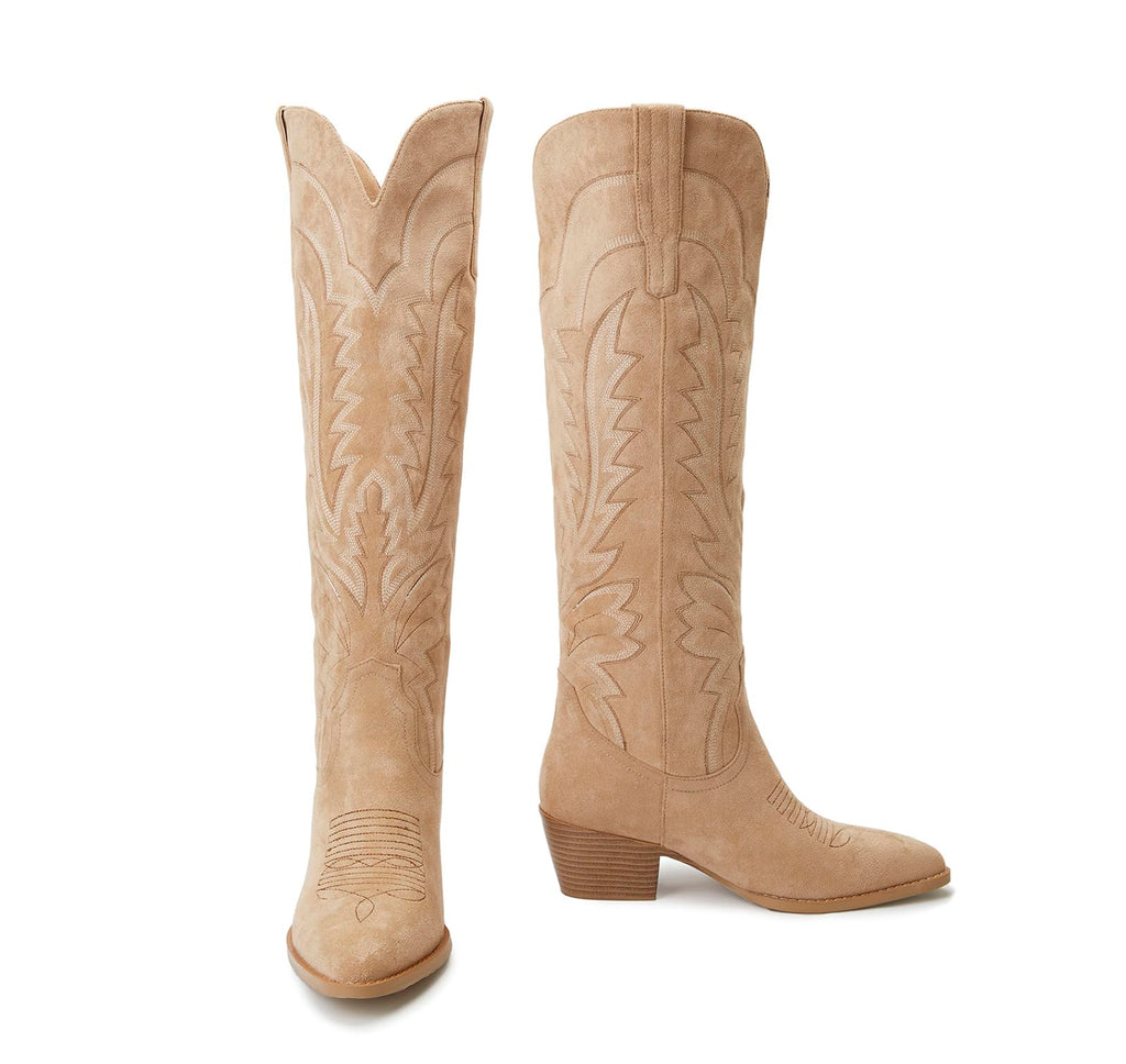 Vertundy Knee High Cowboy Boots For Women Pointed Toe Cowgirl Low Chunky Heel Western Boots