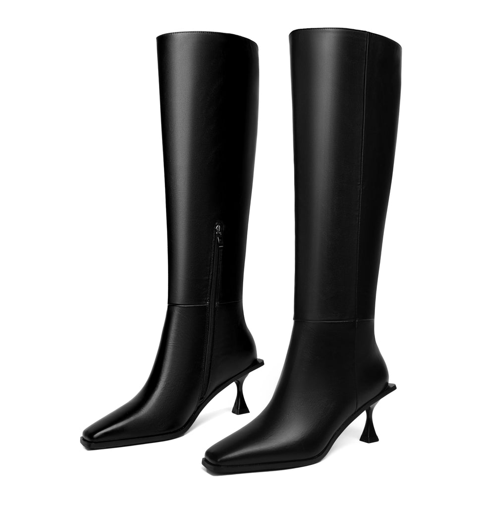 Vertundy Womens Kitten Heel Boots Square Toe Low Heel Leather Knee High Boots