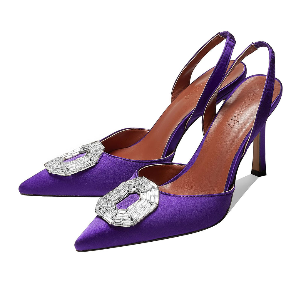 Vertundy Women's Rhinestone Slingback Pumps Pointed Toe Satin Crystal Stiletto High Heels Sandals Party Wedding Bride Pump Dress Shoes