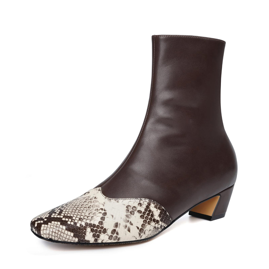 Vertundy Women's Ankle Boots Square Toe Booties Low Kitten Block Chunky Heel Snakeskin Patchwork Leather Chelsea Boots