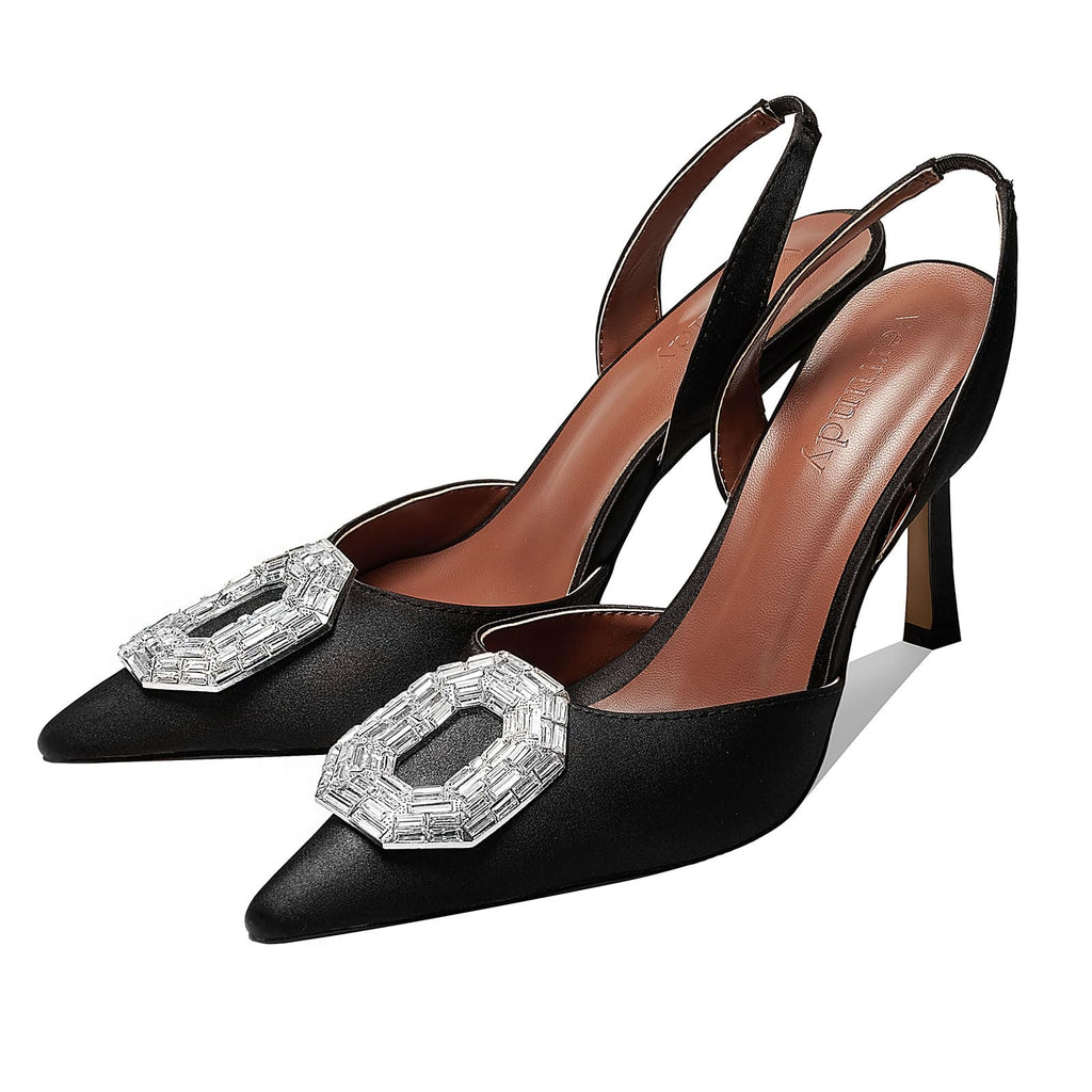 Vertundy Women's Rhinestone Slingback Pumps Pointed Toe Satin Crystal Stiletto High Heels Sandals Party Wedding Bride Pump Dress Shoes