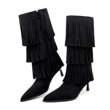 Vertundy Women's Fringe Boots Kitten Heel Pointed Toe Mid Calf Boots Tassels Design Fashion Suede Heeled Shoes