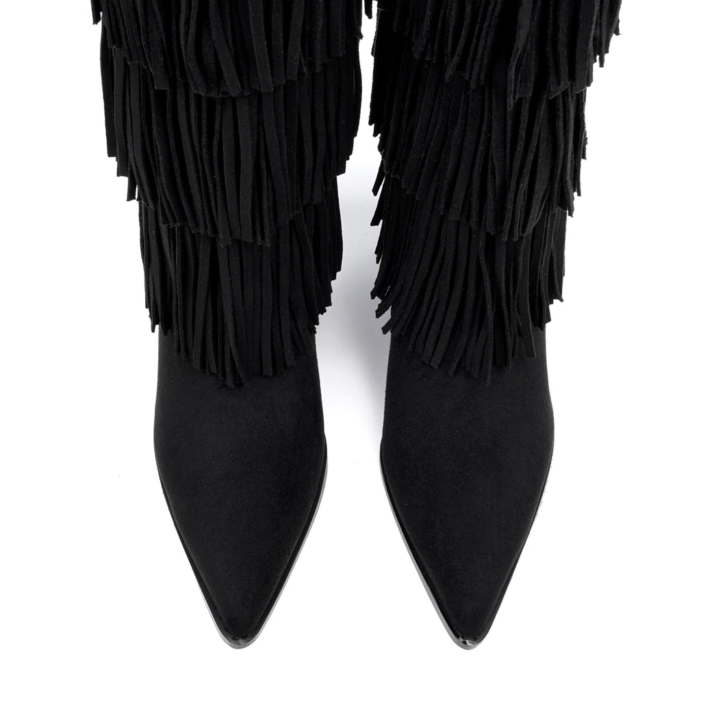 Vertundy Women's Fringe Boots Kitten Heel Pointed Toe Mid Calf Boots Tassels Design Fashion Suede Heeled Shoes