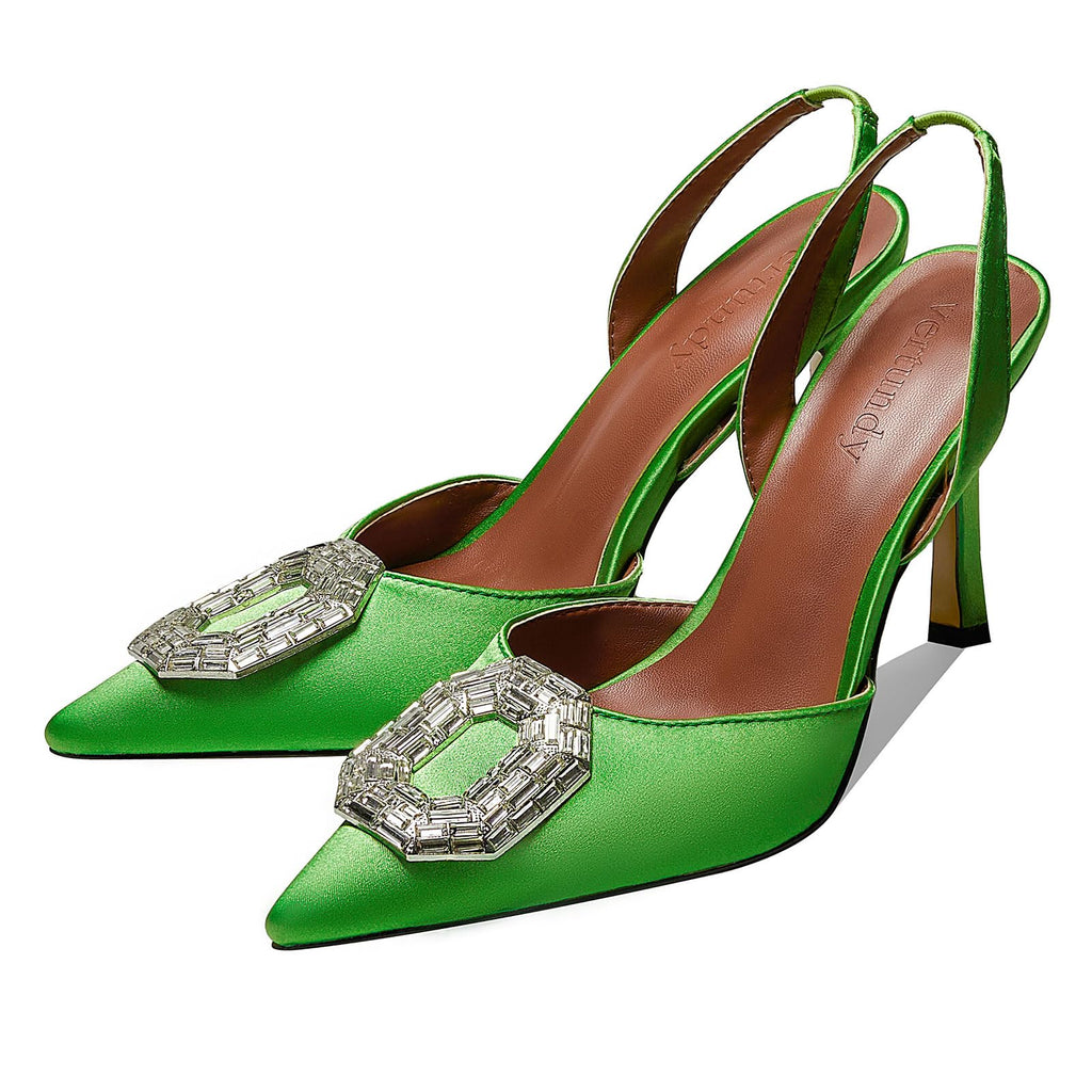 Vertundy Women's Rhinestone Slingback Pumps Pointed Toe Satin Crystal Stiletto High Heels Sandals Party Wedding Bride Pump Dress Shoes