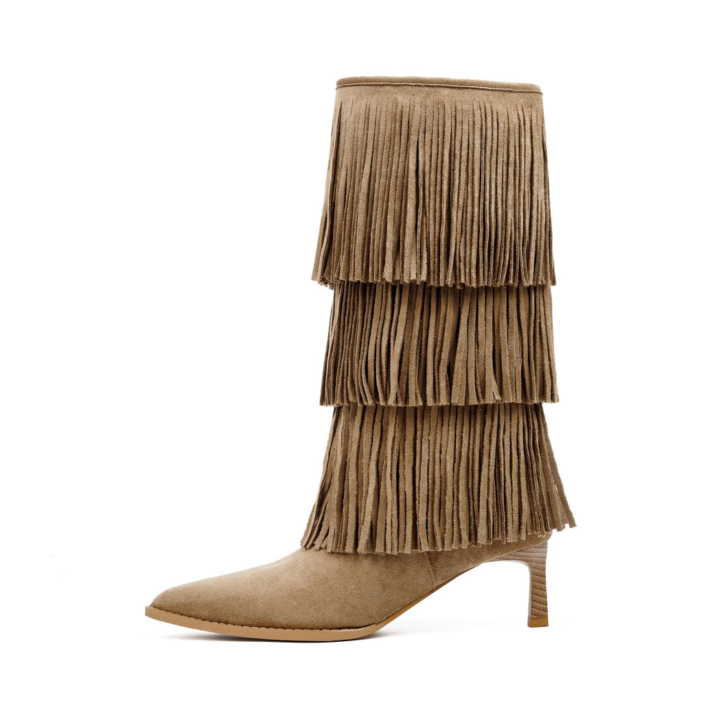 Vertundy Women's Fringe Boots Kitten Heel Pointed Toe Mid Calf Boots Tassels Design Fashion Suede Heeled Shoes