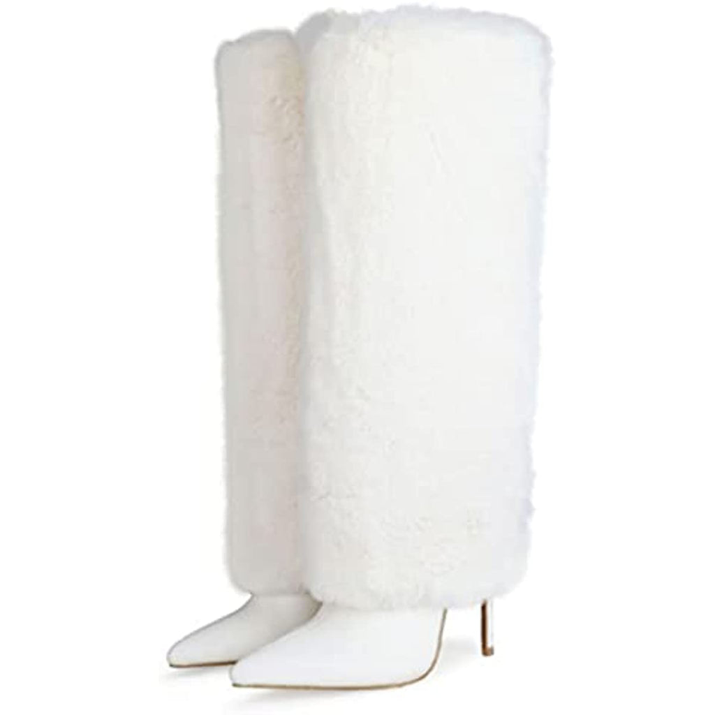 Women's Faux Furry Knee High Long Boots Pointed Toe Stiletto High Heel Comfort Warm Pull-on Winter Snow Boots
