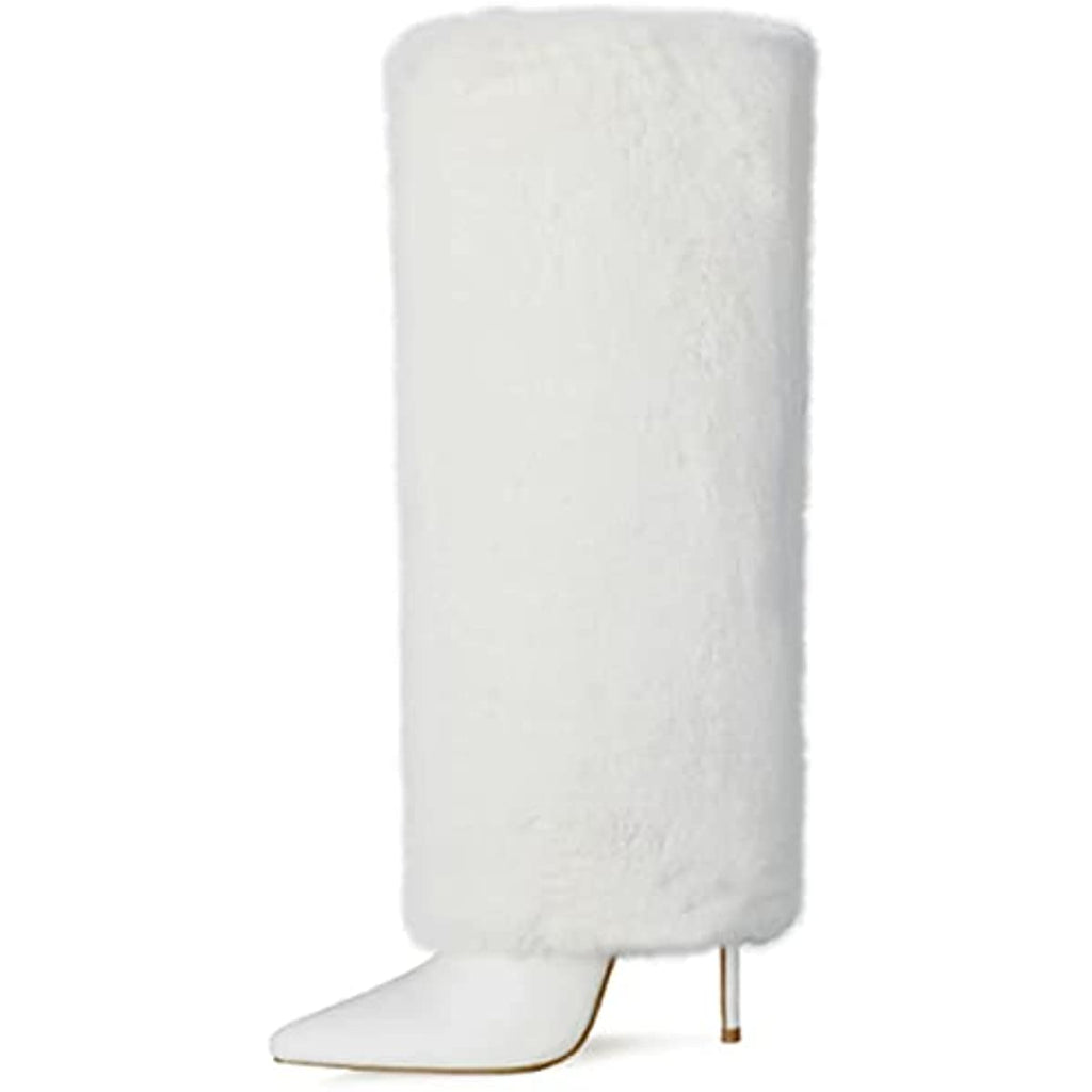 Women's Faux Furry Knee High Long Boots Pointed Toe Stiletto High Heel Comfort Warm Pull-on Winter Snow Boots