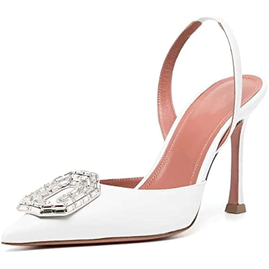 Rhinestone High Heels Satin Slingback Pumps Pointed Wedding Dress Stilettos