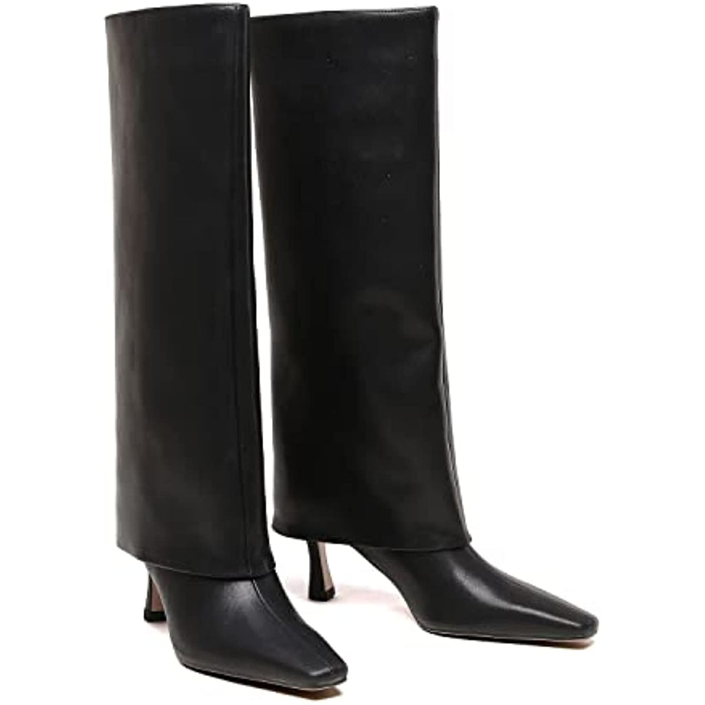 Fold Over Knee High Boots Leather Stiletto Heel Long Boot Riding Booties