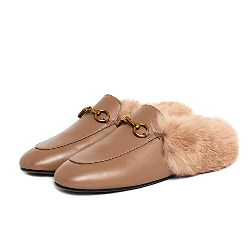 Fur Mules for Women Leather Low Heel Loafers Pointed Toe Rabbit Furny Mule Flats Backless Slides