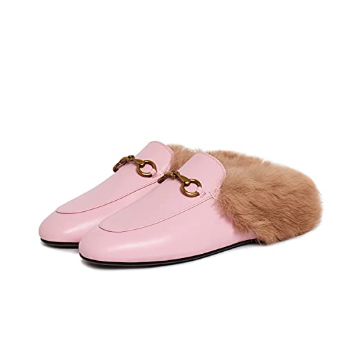 Fur Mules for Women Leather Low Heel Loafers Pointed Toe Rabbit Furny Mule Flats Backless Slides